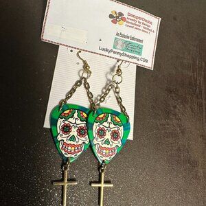 Sugar Skull Earrings Day of the Dead Guitar Pick 9934